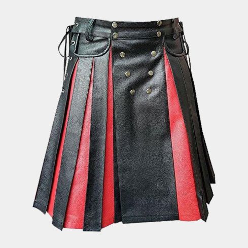 BLACK AND RED GLADIATOR PLEATED LEATHER KILT FOR MEN