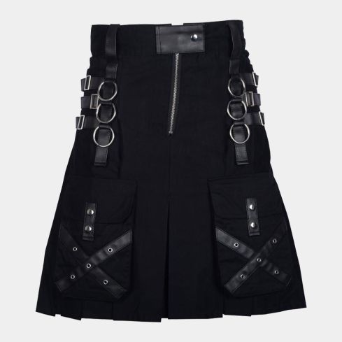 BLACK COTTON WITH LEATHER STRAP GOTHIC MODERN KILT