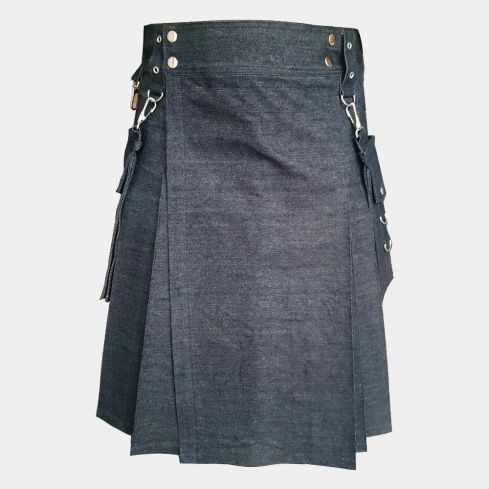 Black Denim Utility Kilt with Detachable Pocket