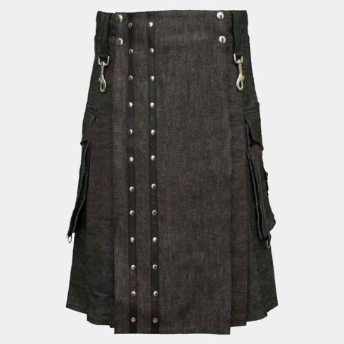 Black Heavy Denim Utility Kilt with Straps apron