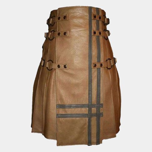 BROWN LEATHER KILT UTILITY STYLE FOR MEN