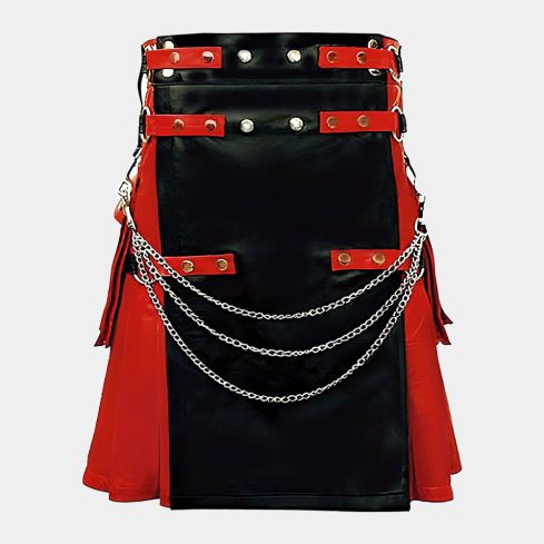 Gothic Cowhide Black and Red with chain Leather Kilt