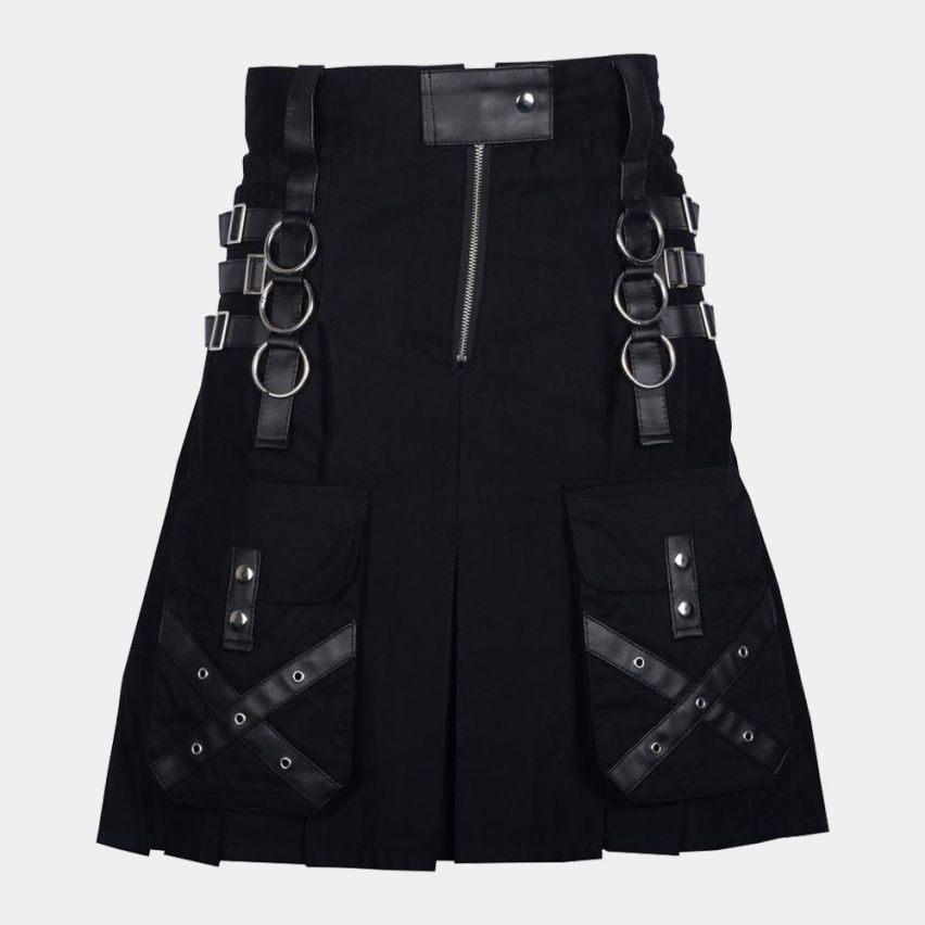 BLACK COTTON WITH LEATHER STRAP GOTHIC MODERN KILT 