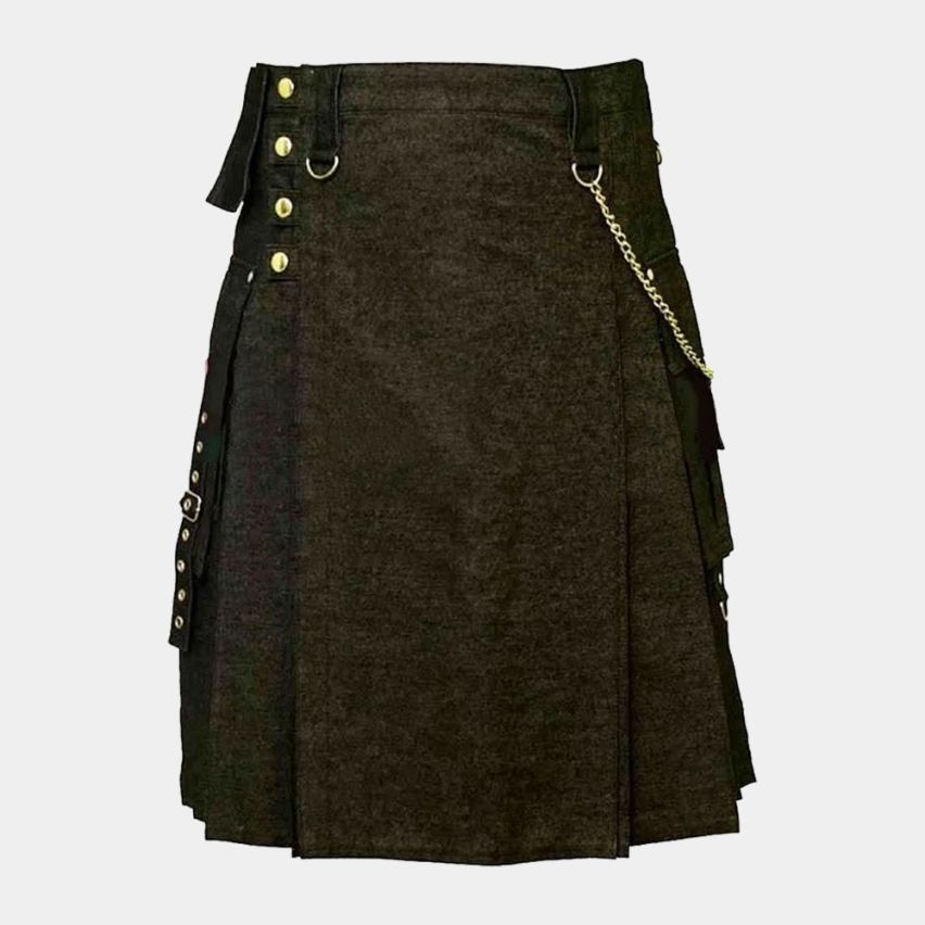 Black Denim Utility Kilt For Men