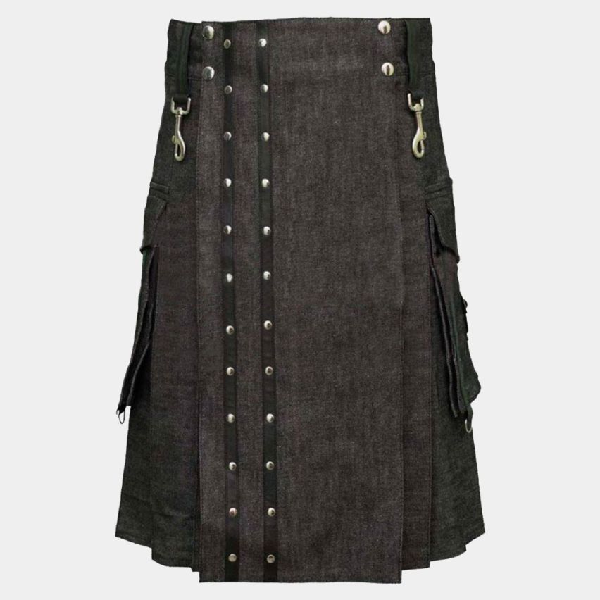 Black Heavy Denim Utility Kilt with Straps apron