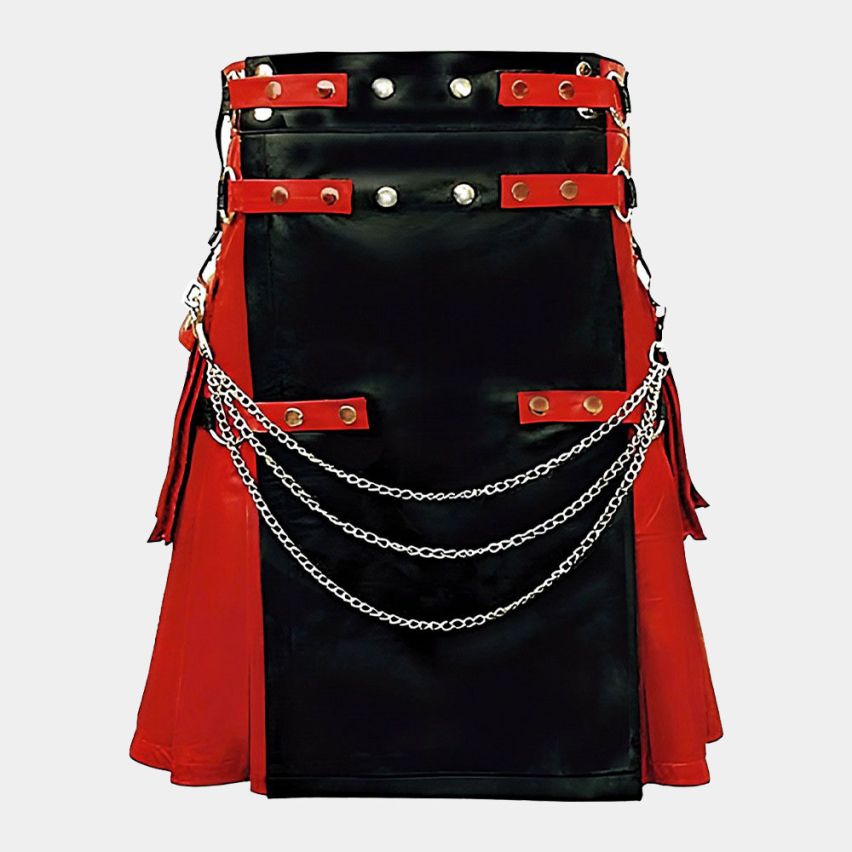GOTHIC COWHIDE BLACK AND RED WITH SILVER CHAIN LEATHER KILT 